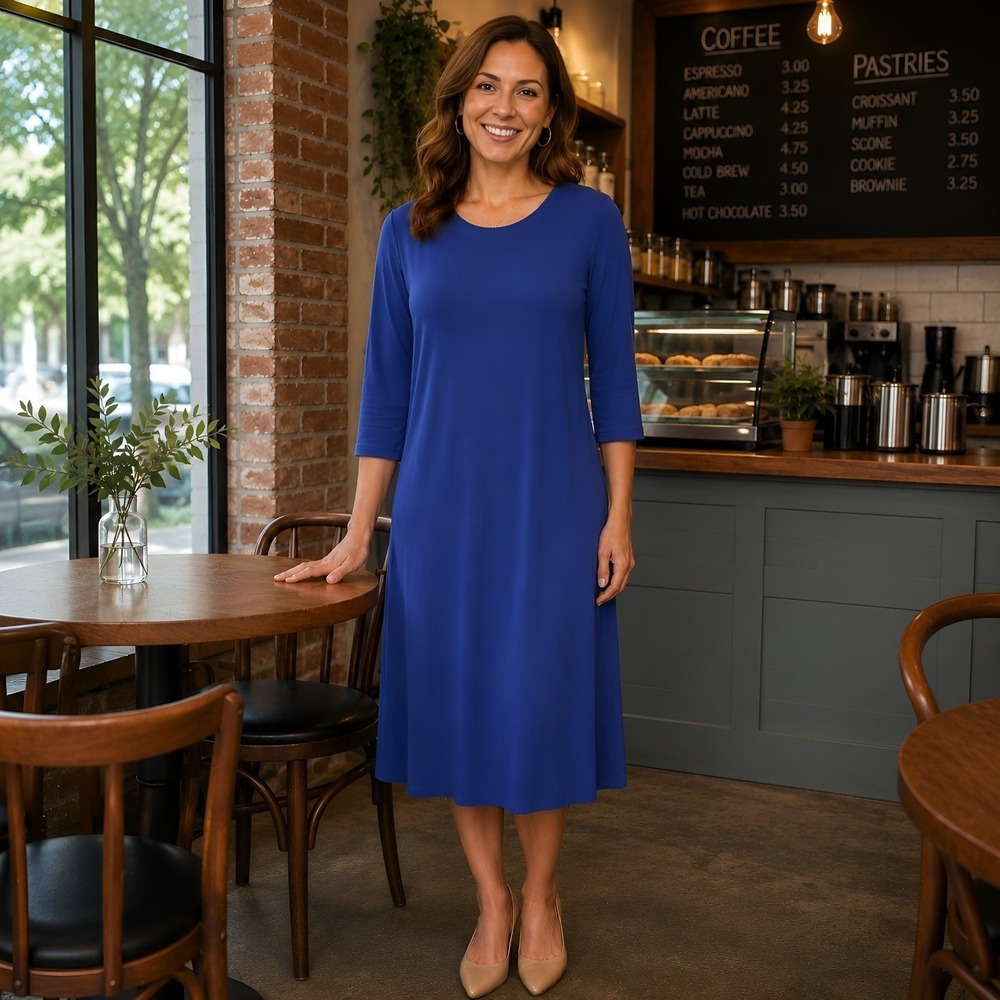 Eileen Fisher Royal Blue Stretchy Jersey A-Line‎ Midi Dress Sz L